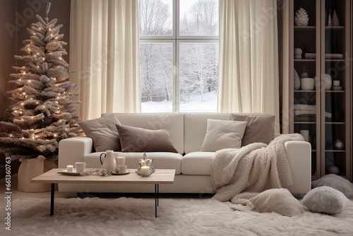 A living luxurary room of a beautiful bright modern Scandinavian style house, christmas deco, generative AI