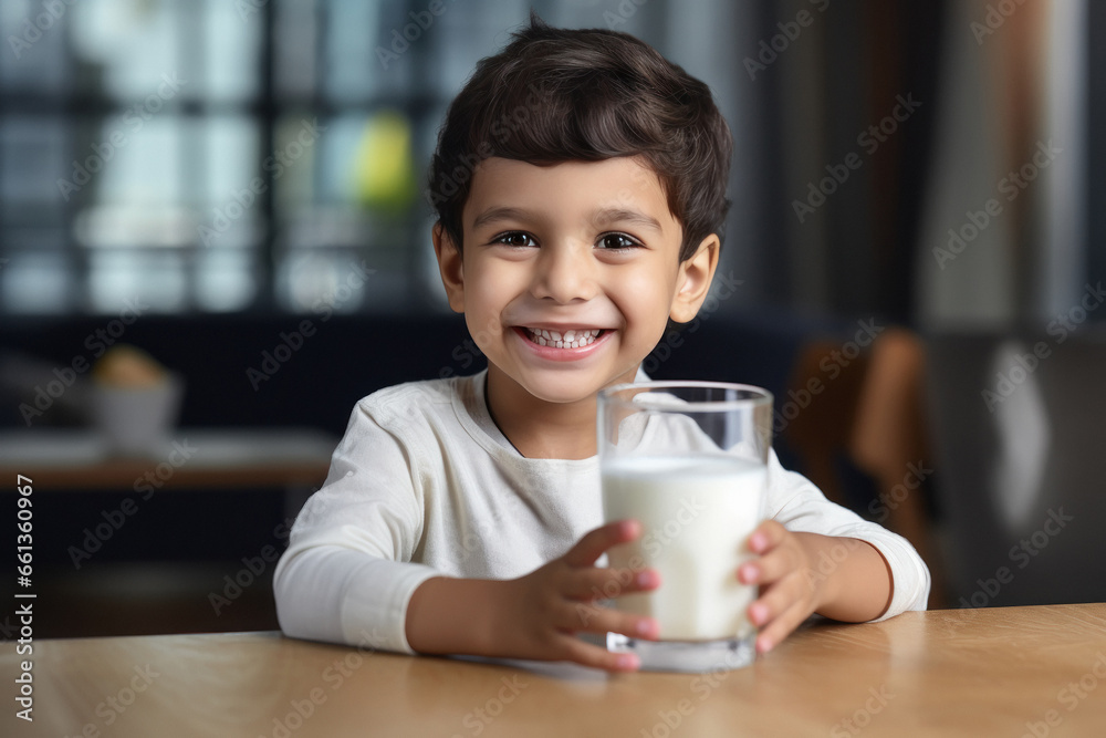 Cute Indian little boy with a glass of milk on the table Cute Indian little boy with a glass of milk on the table