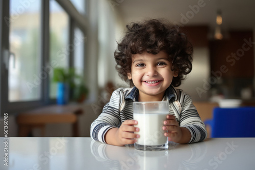 Cute Indian little boy with a glass of milk on the table photo