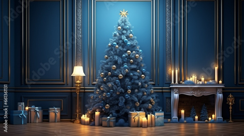 Classic blue Christmas interior with green Christmas tree, presents, lights. ai generative