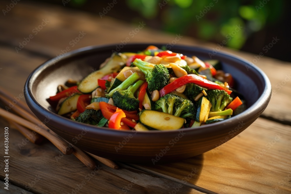 a bowl of vegetable stir-fry on a wooden table a bowl of vegetable stir-fry on a wooden table