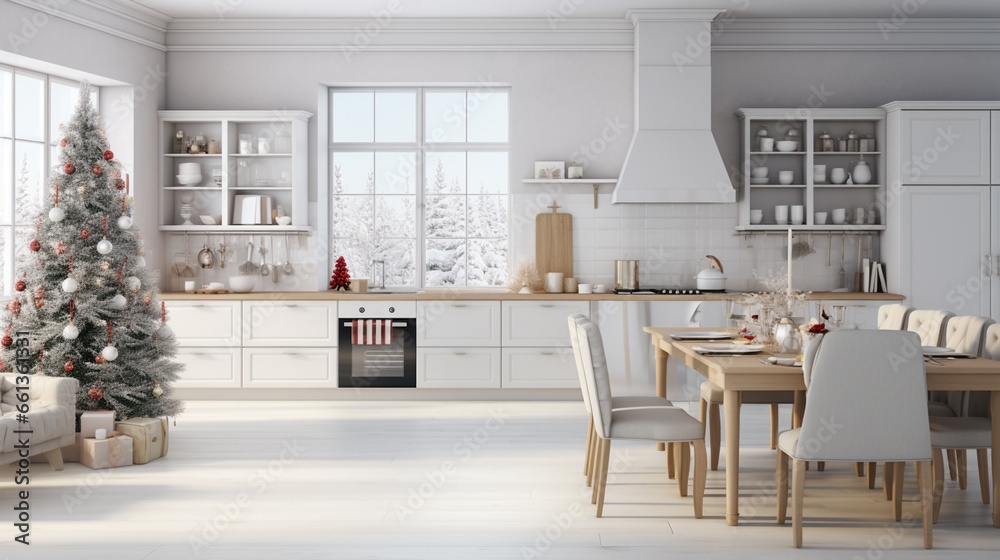 Cozy open plan kitchen decorated for Christmas. Interior design. ai generative