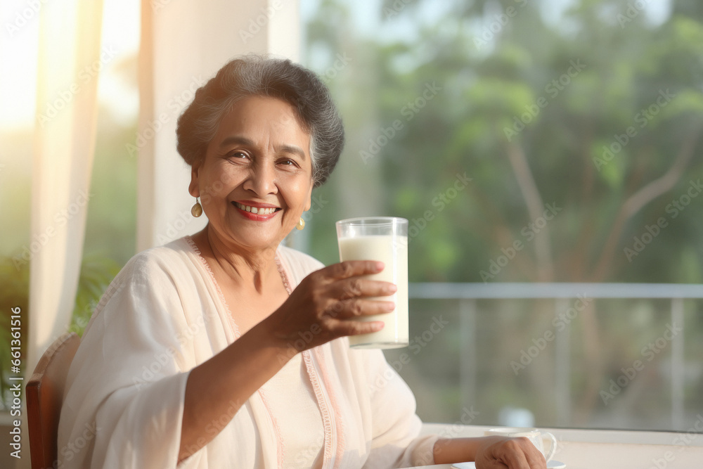 Elderly Indian woman holding a glass of milk. Elderly Indian woman holding a glass of milk.