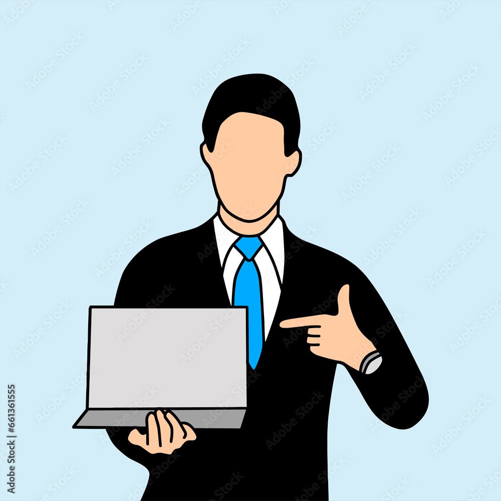 Businessman with laptop flat design. Adult employee in suit standing to work illustration Businessman with laptop flat design. Adult employee in suit standing to work illustration