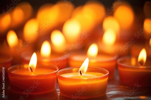 a soft-focus image of lit votive candles