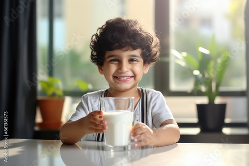 Cute Indian little boy with a glass of milk on the table