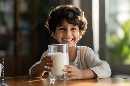 Cute Indian little boy with a glass of milk on the table
