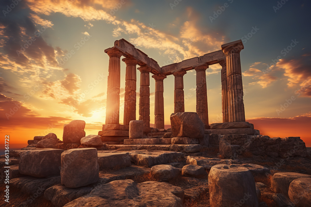 A setting sun casts golden light over a row of ancient stone pillars in Greek ruins, making the detailed carvings come to life