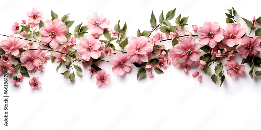 Obraz premium Branch of pink blooming flowers on a white background.
