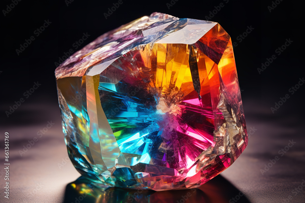 A close-up view of a brilliantly colored gemstone, where every facet reflects a different shade of the rainbow A close-up view of a brilliantly colored gemstone, where every facet reflects a different shade of the rainbow