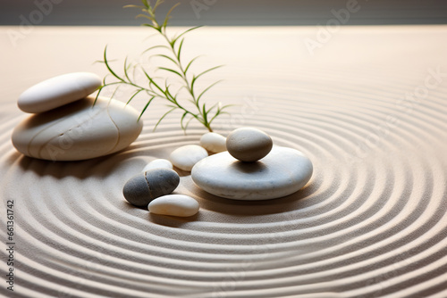 A variety of smooth pebbles meticulously arranged in a small Zen garden, with raked sand forming concentric circles around them