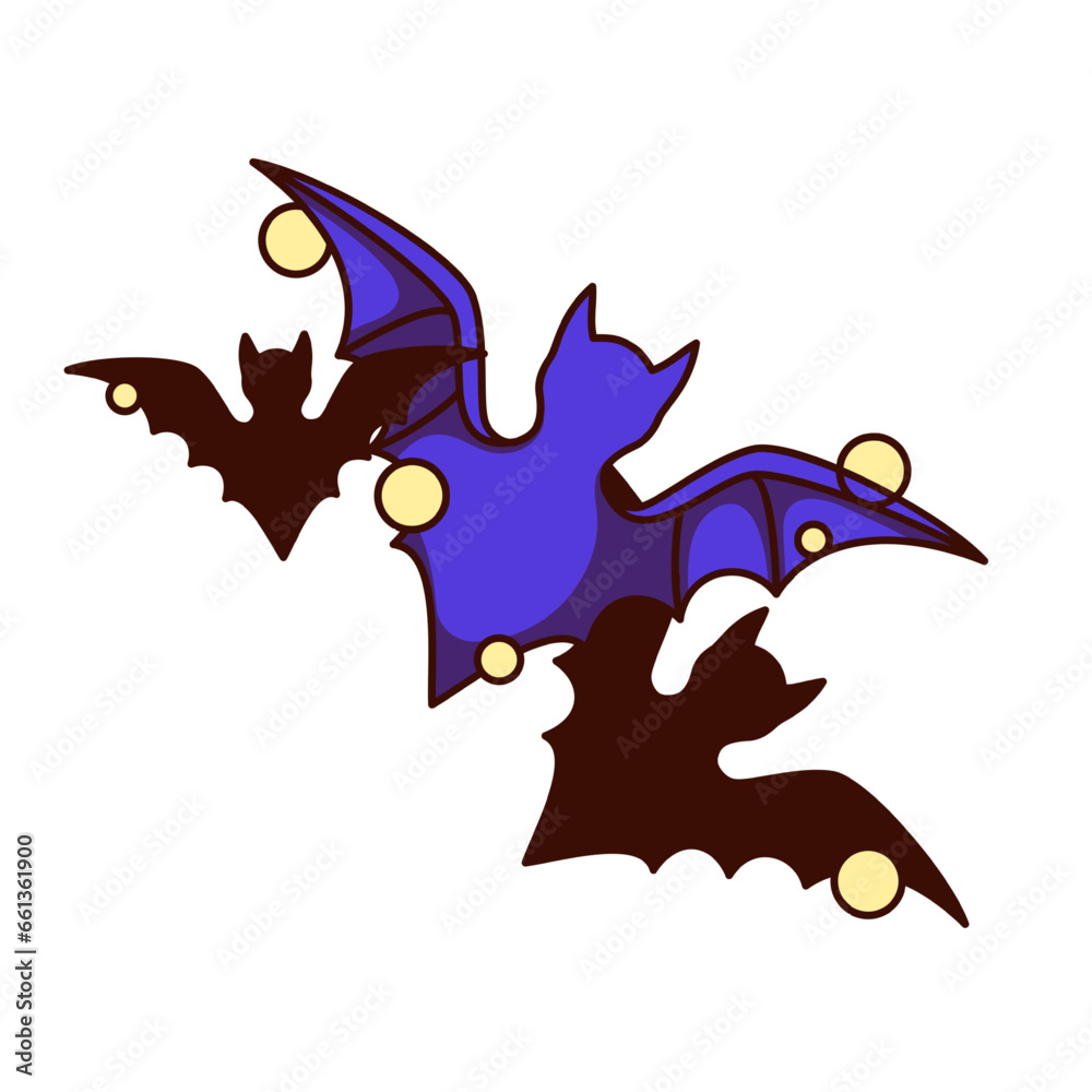 Obraz premium Groovy Halloween bats vector illustration. Cartoon isolated retro Halloween sticker with black and purple silhouettes of flying gothic vampires, flock of spooky creepy monster characters with wings