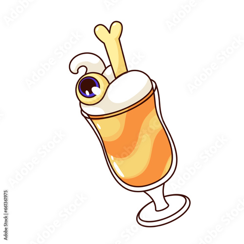Groovy Halloween drink in glass vector illustration. Cartoon isolated retro sticker of spooky coffee cocktail with scary eyeball on whipped cream and cute bone ingredients, Halloween party treat