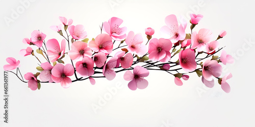 Branch of pink blooming flowers on a white background.