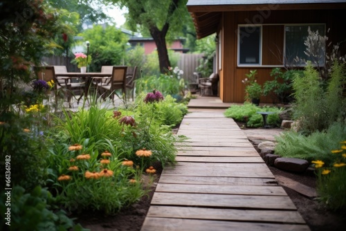 wooden pathway through a natural, low-maintenance yard