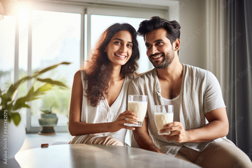 Happy young Indian couple holding glasses of milk. - obrazy, fototapety, plakaty 