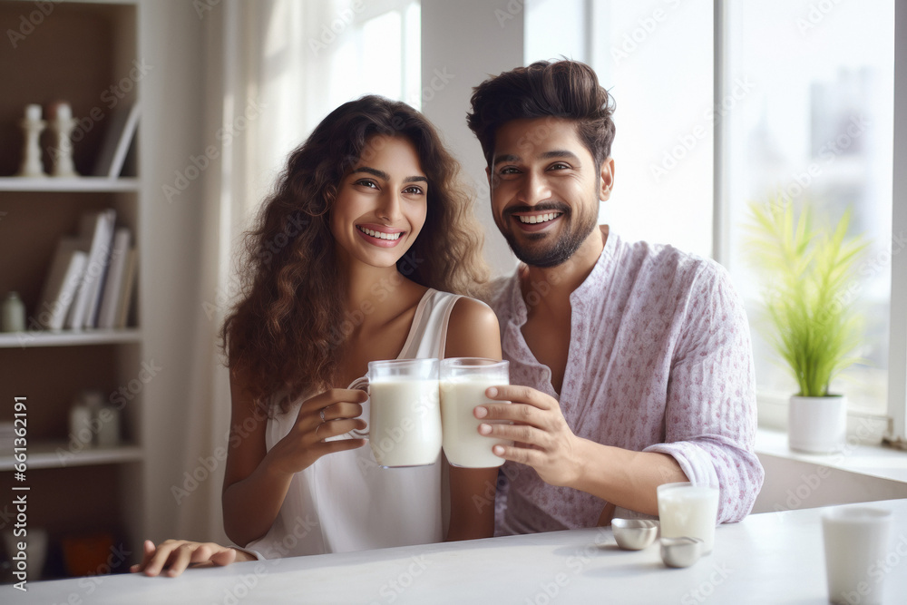 Happy young Indian couple holding glasses of milk. Happy young Indian couple holding glasses of milk.