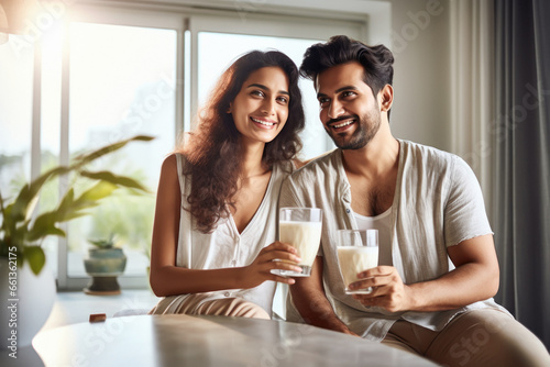 Happy young Indian couple holding glasses of milk.