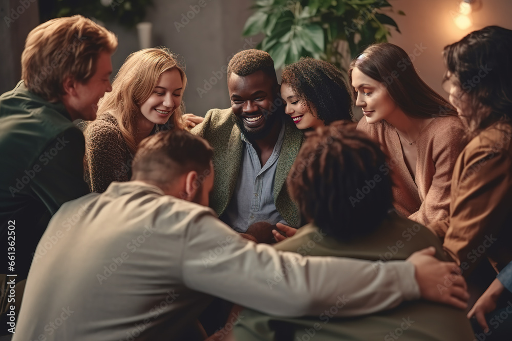 Diverse people sitting in circle participating in group psychological session, touching and hugging each other, showing support and togetherness. Mental health concept. - obrazy, fototapety, plakaty 