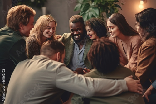 Diverse people sitting in circle participating in group psychological session, touching and hugging each other, showing support and togetherness. Mental health concept.