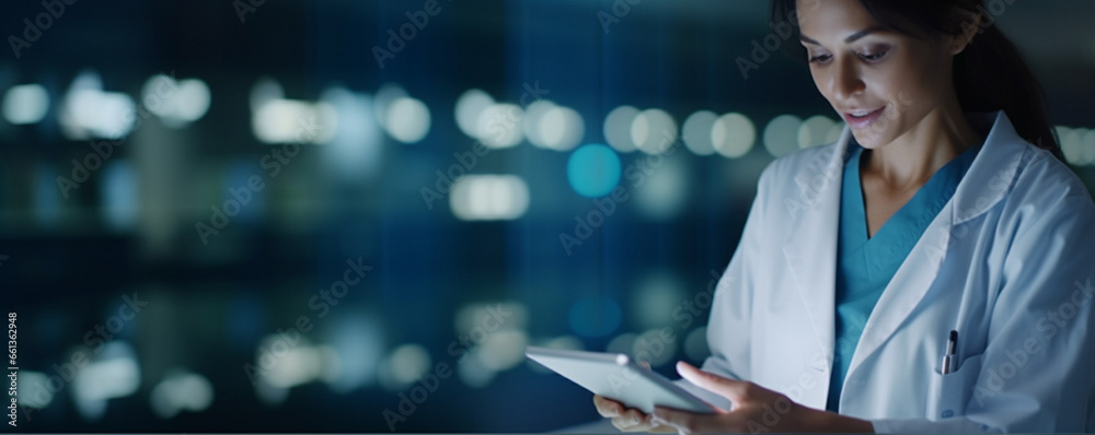 Happy woman, doctor or digital tablet with bokeh copy space, mockup or mock up for night medical research, planning or schedule, Smile, nurse or healthcare worker on hospital technology for wellness - obrazy, fototapety, plakaty 