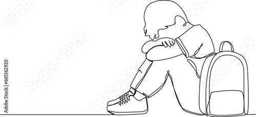 continuous single line drawing of sad boy with schoolbag sitting on floor covering his face, line art vector illustration