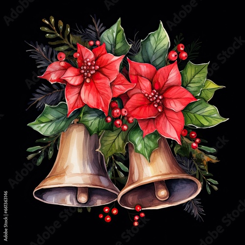 Christmas decoration on a black background. Traditional flower and bells at Xmas. Generative AI