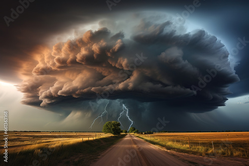 Supercell storm clouds with lightning and intence winds over road in rural area. photo