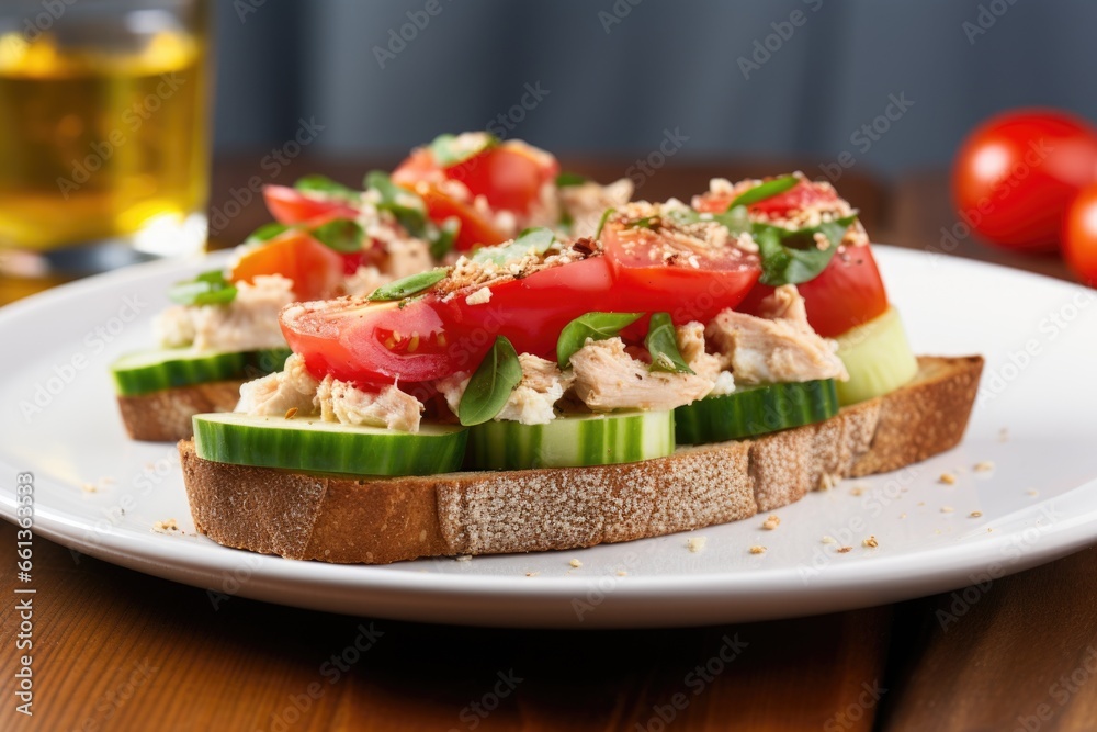 open-faced tuna salad sandwich with sliced tomatoes and cucumbers