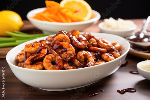 barbecue shrimp with a bowl of sweet and sour sauce
