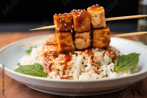 stacked tofu skewers with garnished rice at side