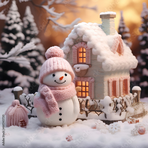 knitted style 3d illustration of a house in winter with soft pastel color 