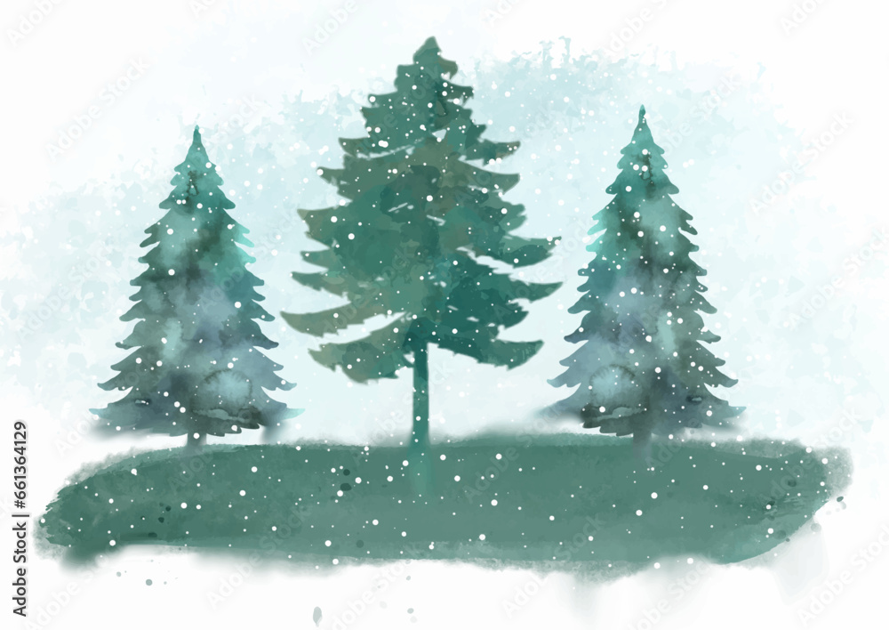 Hand painted watercolour christmas tree landscape design
