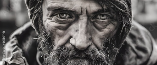 portrait of a sad homeless man, suffering from depression. He has a beard and dirty face and clothing. 