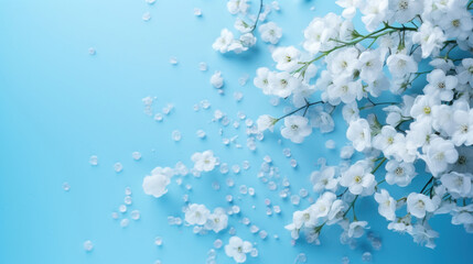 White flowers on blue background, top view