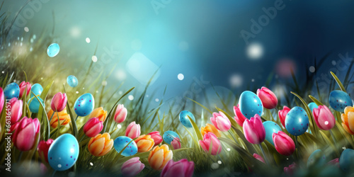 Happy Easter background with tulips and decorative eggs