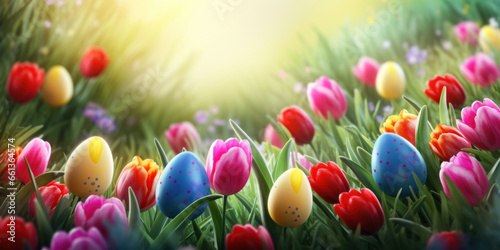 Happy Easter background with tulips and decorative eggs