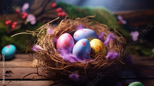 Multi-colored Easter eggs in a nest.