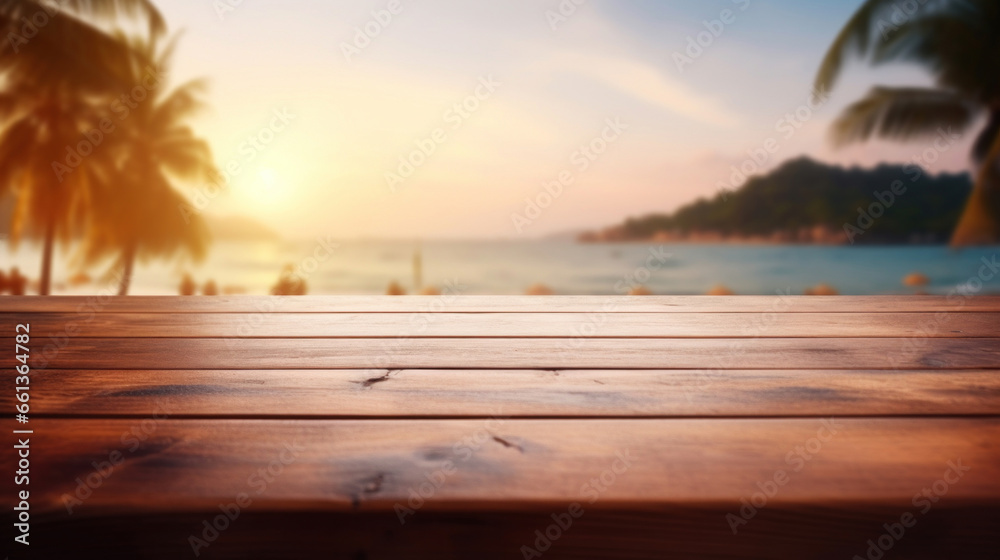 Empty wooden table top with blur background of seaside resort