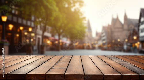 Empty wooden table top with blur background of old town