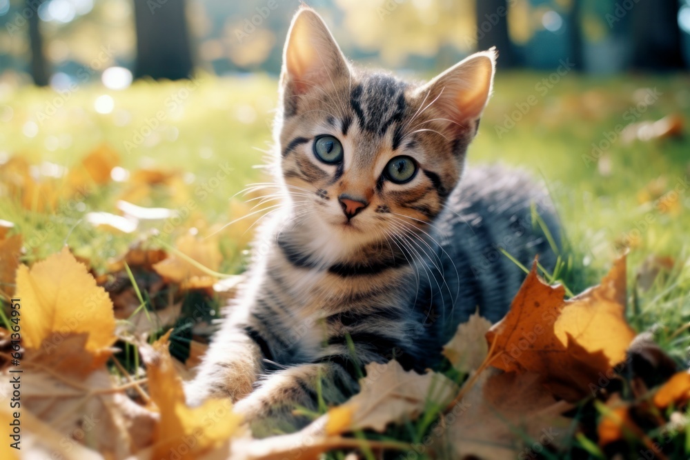 cat in autumn leaves in the park