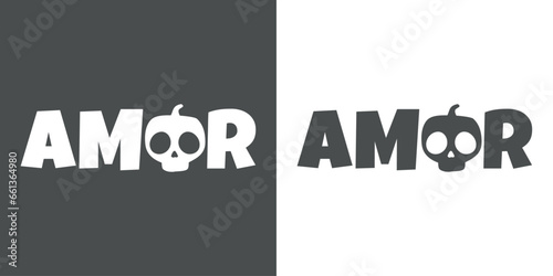 Logo con palabra amor en español con calabaza de Halloween con forma de calavera humana en lugar de letra O para su uso en invitaciones y tarjetas