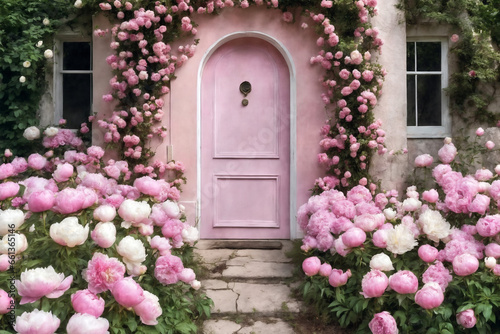 The door of the house and the flowers in front of the door. Pink door, pink wall and plants