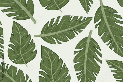 Decorative tropical flat leaf of Monstera. Vector natural seamless plant pattern, sketch style.
