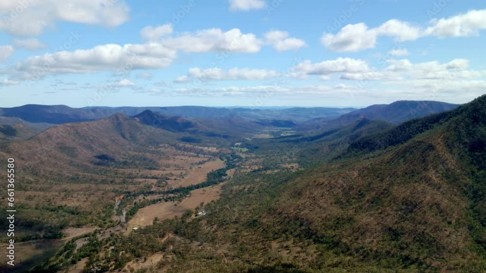 Drone Flyover Scenic Australian Mountain View And Rural Bushland With Blue Sky, Aerial 4K Drone Flyover Scenic Australian Mountain View And Rural Bushland With Blue Sky, Aerial 4K