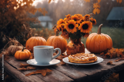 a cup of hot latte and waffers and pumpkins on an old wooden table in a garden, beautiful autumn nature at sunset as background, decoration for Halloween holiday