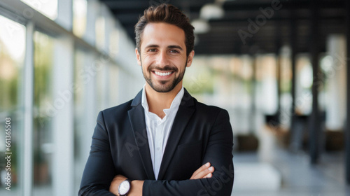 Young handsome businessman wearing elegant jacket standing over isolated background at the office. photo