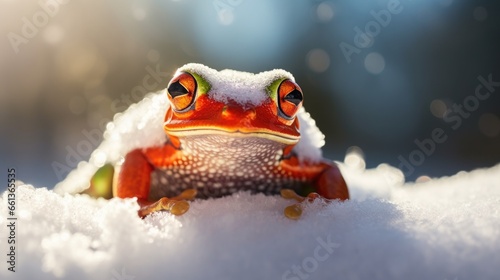 Macro of a red tree frog covered with white snow