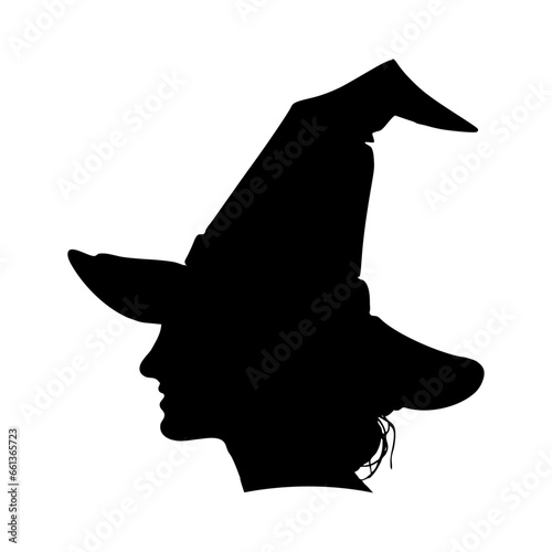 Silueta de perfil de cabeza de bruja con sombrero para su uso en invitaciones y tarjetas de Halloween