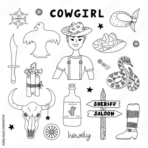 Big cowgirl set in doodle style with hand drawn outline. Vector illustration with western boots, hat, snake, cactus, bull skull, sheriff badge star. Cowboy theme with symbols of Texas and Wild West